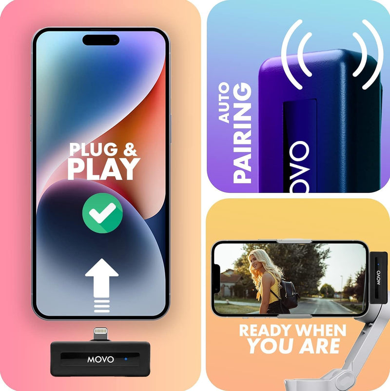 Movo Wireless Mini DI Duo iPhone Microphone for Video Recording - Wireless Microphone for iPhone with Clip on Lavalier Microphone for iPhone 10 HR Battery 164FT Range, Wireless Mic for iPhone, Black 2 Transmitters