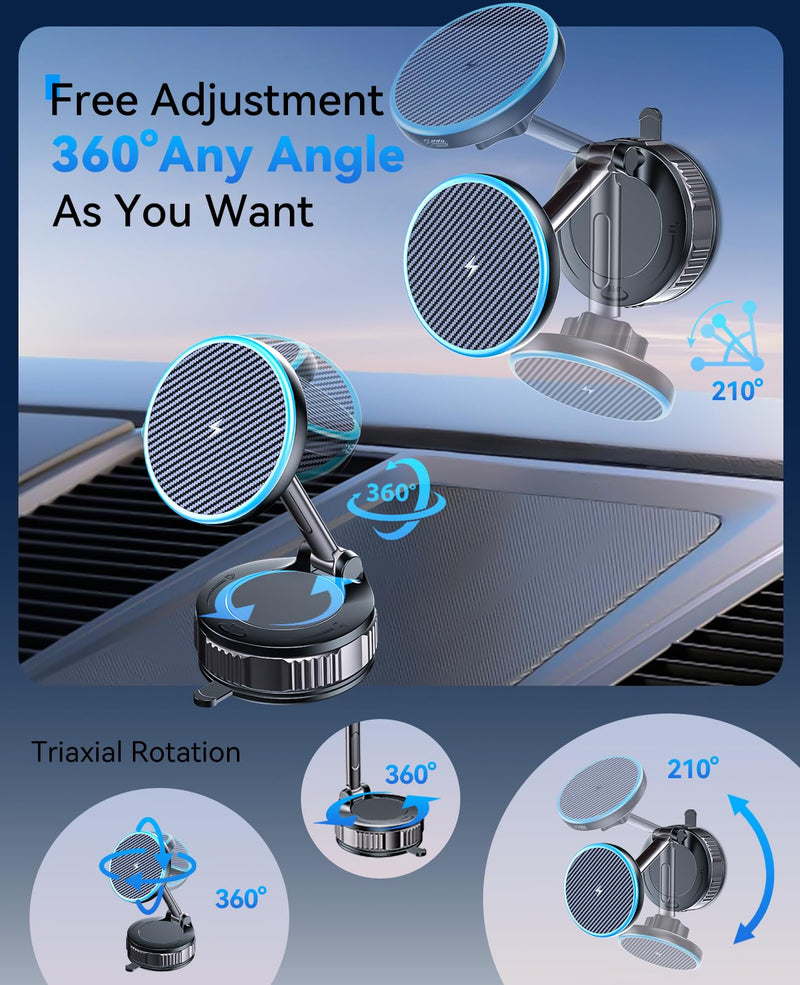 ILOUYU iPhone Car Mount Charger [15W Fast Wireless Charging, 120+ LB Strongest Suction & 2800gf Strongest Magnetic] 360° Adjustable Car Phone Holders for Your car, for iPhone 17 16 15 14 13 12 Series