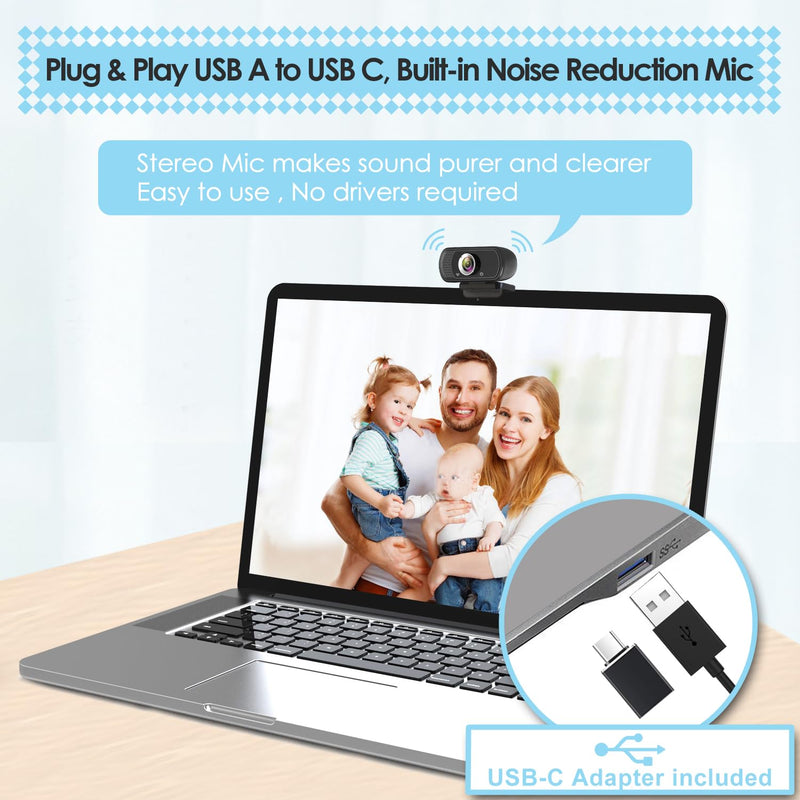 USB C Webcam for PC: 1080P HD Web Cam with Mic,Computer Camera with Privacy Cover & Tripod Stand for MAC Desktop Laptop, Wide Angle Webcam Pro Streaming Web Camera for Zoom/Skype/Teams/Webex USB-C Webcam with Cover & Tripod
