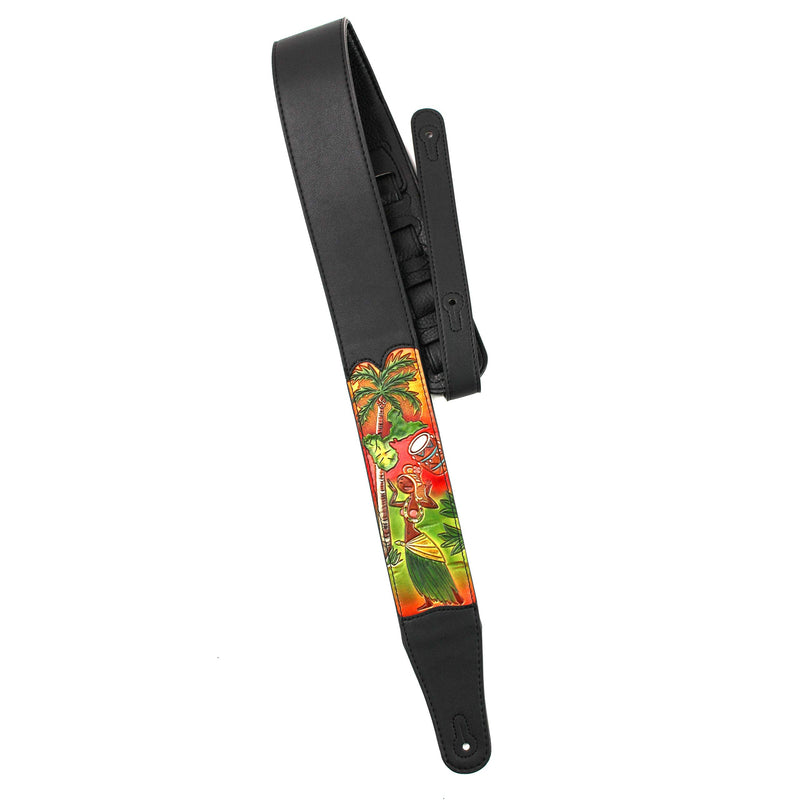 [AUSTRALIA] - Walker & Williams CVG-HWI Hand Carved Black Leather Guitar Strap With Bright Sunset Island Dancer Scene For Acoustic, Electric, And Bass Guitars 