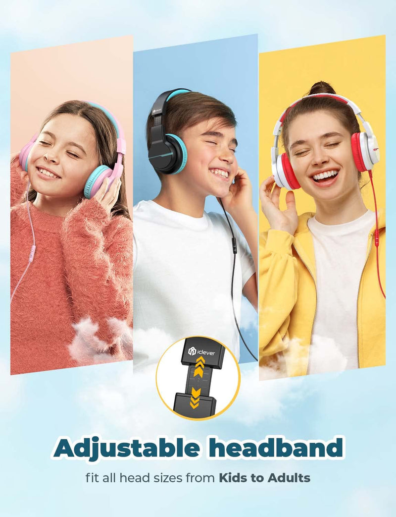 iClever HS19 Kids Headphones with Microphone for School, Volume Limiter 85/94dB, Over-Ear Girls Boys Headphones for Kids with Shareport, Foldable Wired Headphones for iPad/Travel (Black) Black