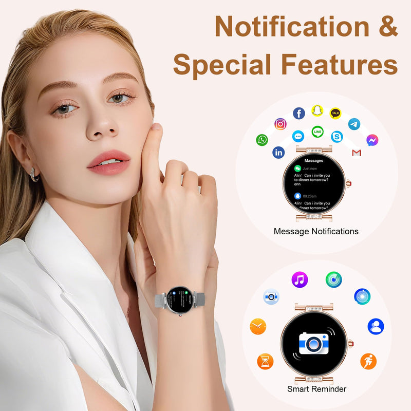 Smart Watch for Women, 1.19" AMOLED Touchscreen Fitness Watch（Calls/Notifications）3 Straps, 24H Heart Rate/Sleep Monitor/Female Cycle, 120+ Sports Modes, IP68 Waterproof Smartwatch for Android iPhone Silver