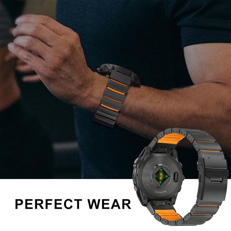 Abanen Lightweight Titanium Silicone Watch Band for Garmin Fenix 8 / Tactix 8 / epix Pro/Enduro, Elevate Dual-Layer Wrist Strap with Flip-Lock Folding Clasp for Fenix 7 /Instinct 3/ Approach S70 47mm Black-Orange 26mm