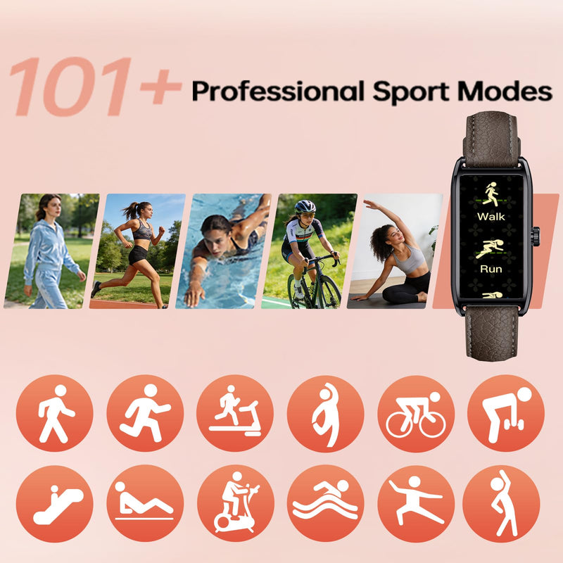 Loluka Fitness Tracker Luxury Slim Smart Bracelet for Women with Heart Rate Sleep Monitor Step Counter Calories Reloj Inteligente para Mujer 1.13''AMOLED Touch Color Screen Brown Leder Strap Black Brown