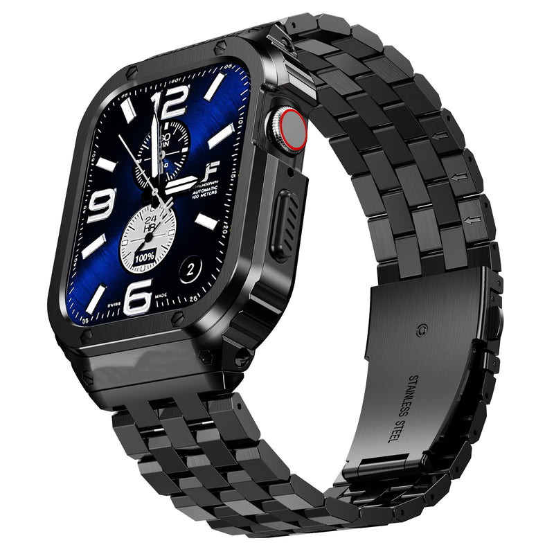 SUPLINK Rugged Case with Sport Band for 44mm Apple Watch Bands Silver and Stainless Steel Apple Watch Band for Men Black