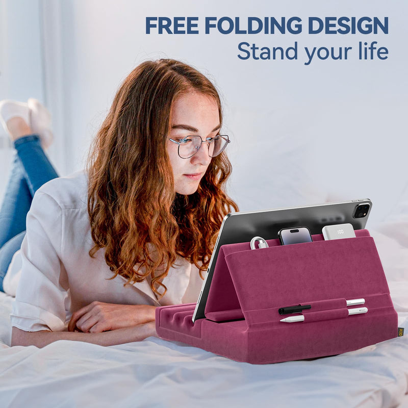 KDD Tablet Pillow Holder, Foldable iPad Stand for Lap, Bed and Desk -Tablet Soft Pad Dock with Pocket & Stylus Mount Compatible with iPad Pro 12.9, 10.5, 9.7 Air Mini 6 5 4 3, Galaxy Tab, E-Reader Purple