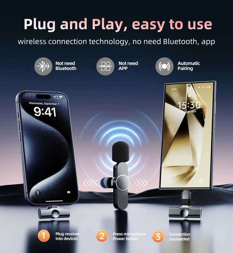 Kinglucky 2 Pcs Lavalier Mini Microphone for iPhone iPad Android Professional Noise Cancelling [360° Pick Up] Wireless Lavalier Microphone for Video Recording, Interview, YouTube, Live Streaming