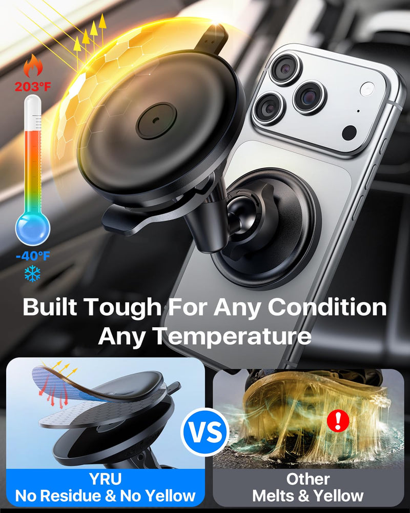 YRU [True Upgraded Military-Grade Phone Holder for Magsafe Car Mount 360° Rotating Vacuum Suction Dashboard, 2800gf Strongest Magnetic Windshield Phone Mount for iPhone 17 Pro Max 16 15 14,Black Black