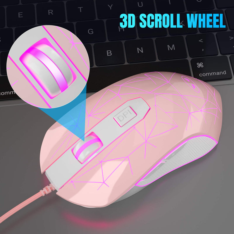 MageGee G6 Wired Gaming Mouse, Ergonomic USB Optical Mouse with 7 Colors Breathing LED Backlit, 6 Adjustable DPI Levels from 600 to 3200 for Laptop PC Computer Games & Work, Pink