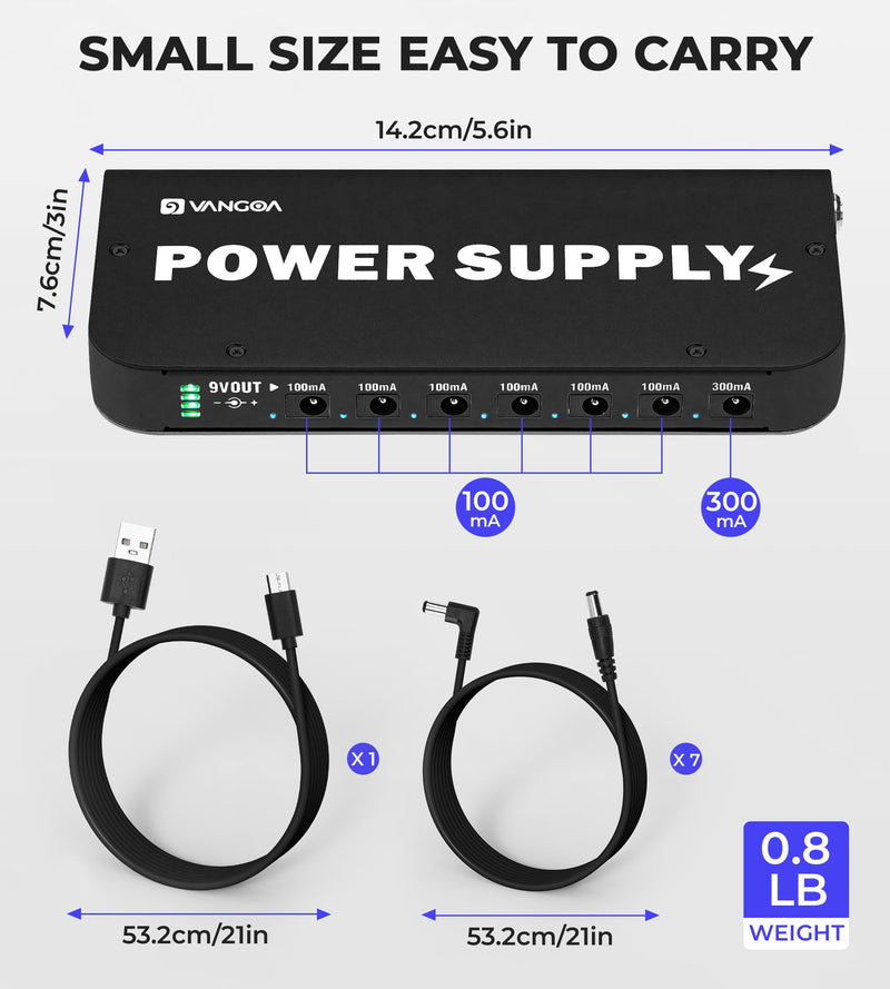 Vangoa Rechargeable Guitar Pedal Power Supply Built-in 4600mAh Battery with LED Indicator 7 Outputs DC 9V (300mA, 100mA), 5V/1A USB Port, Portable Guitar Pedal Power Supply, Black, PS-01 6.9''*3''*0.9''
