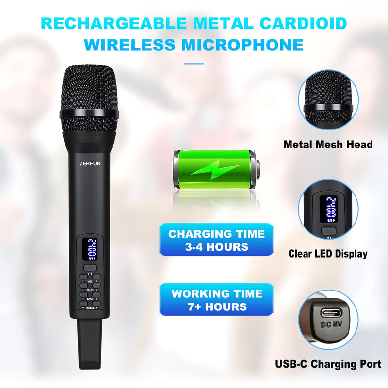 Rechargeable Wireless Microphone, Pro Handheld Cordless Mics System Dynamic with Echo Treble BASS VOL Control for Karaoke Singing Church Party, 1/4'' Output, D240, Black 1 Mic