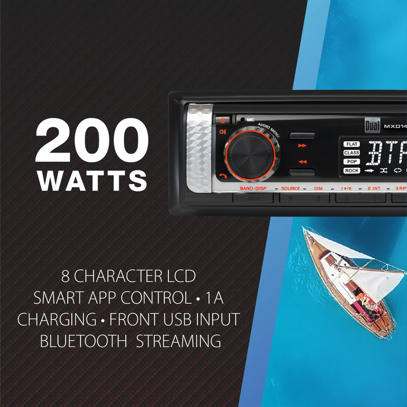 Dual Electronics MXD140B Marine Stereo Bluetooth Single DIN Weatherproof AM/FM | Weatherproof receiver for boats, sunlight-readable LCD, USB port with 2.1A charging, AM/FM tuner, black single-DIN design Marine Radio