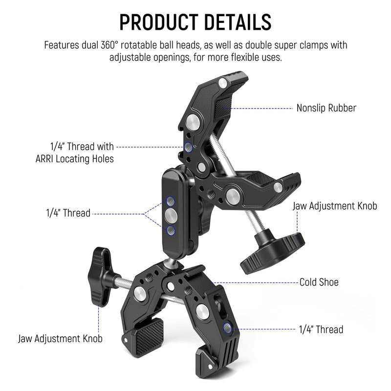 NEEWER Double Super Clamp with Magic Arm, Cleaning Cloth, Umbrella Camera Pole Clamp Mount for Desk Photo Studio Light Stand, Reflector, Scrim, Cross Bar, Motorcycle, Photography Accessories, UA036
