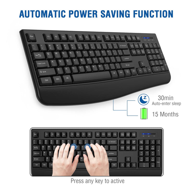 Wireless Keyboard, EDJO 2.4G Ergonomic Full Size Wireless Computer Keyboard with Wrist Rest for Windows, Mac OS Desktop/Laptop/PC（Black） black