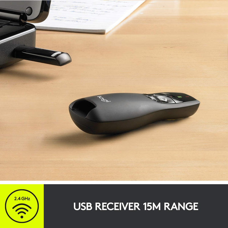 Logitech Wireless Presenter R400, Wireless Presentation Remote Clicker with 50 ft Red Laser Pointer 910-001356 1 Count
