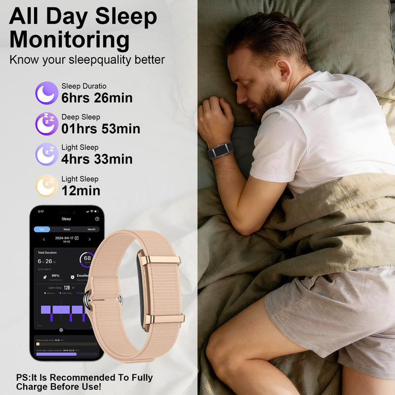 Smart Bracelet Fitness Trackers for Men Women, Smart Watch 24/7 Heart Rate Sleep Stress HRV Monitor, 170+ Sports Modes, 2 Bands, Free APP Rose Gold
