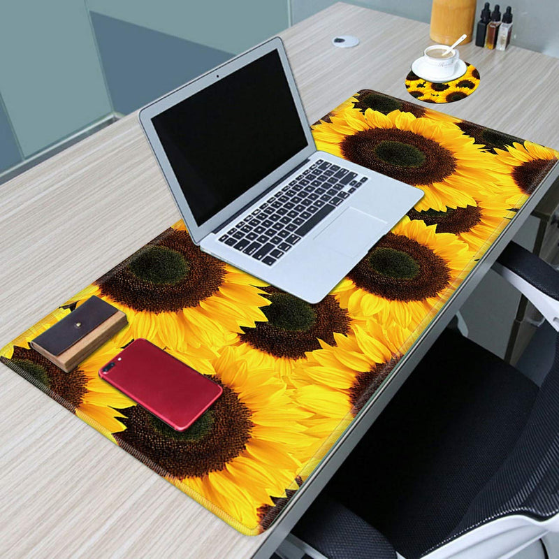 Large Gaming Mouse Pad Non-Slip Keyboard Pad Soft Extended Desk Mat Desktop Writing Pad (31.5"×11.8") with Yellow Sunflower Design for Home & Office + Cup Coaster and Cute Stickers