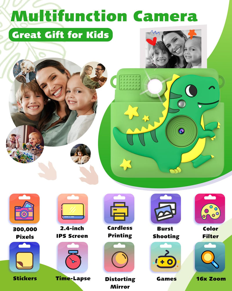 Instant Print Kids Camera,1080P HD Video Record Kids Camera Dinosaur Toys for Boys Age 8-10, Christmas Birthday Gifts for Boys 3 4 5 6 7 8 9 10 Year Old with 3 Rolls Photo Paper and 32G Card Green