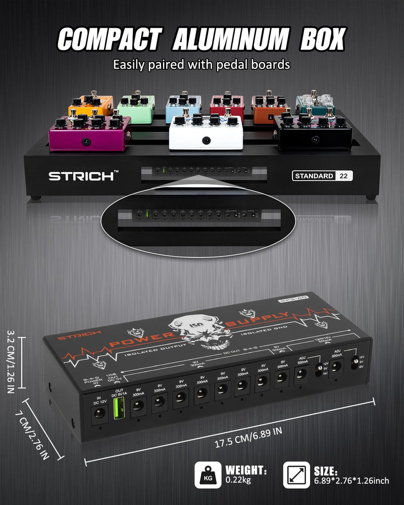 STRICH SPS-60 Guitar Pedal Power Supply, 10 Totally Independent DC Outputs Pedal Board Power Supply for 9V/12V/18V (300mA/500mA) High Power for Power High-current Effect Pedal, Noiselessly