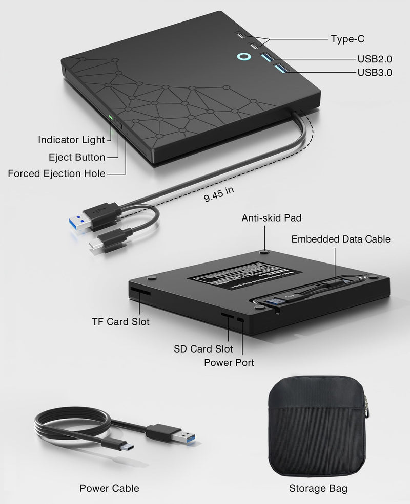 External CD/DVD Drive for Laptop, DVD Burner CD Reader for Laptop, 8-in-1 USB 3.0 Portable CD Players with SD/TF Ports, External Disk Drive Optical for MacBook Windows 11 10 PC Linux (Black with bag) Black with bag