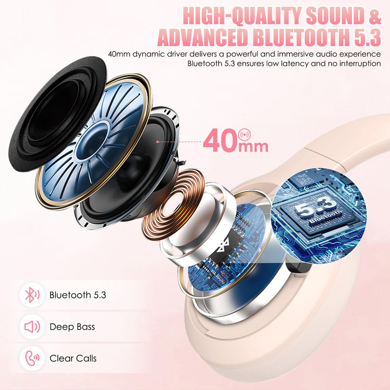 Active Noise Cancelling Headphones, Over-Ear Headphones Pink | Wireless Blutooth Headphones with100H Playtime, Built-in Microphone, Lightweight & Foldable, Deep Bass for Work/Gym/Travel