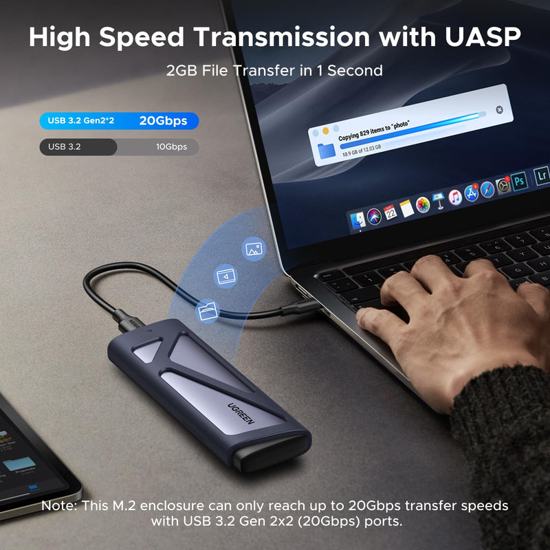 UGREEN 20Gbps M.2 NVMe and SATA SSD Enclosure | Supports M/B+M Key SSDs Up to 8TB in Sizes 2230/2242/2260/2280; USB-C External Enclosure with USB 3.2 Gen 2x2, UASP/TRIM