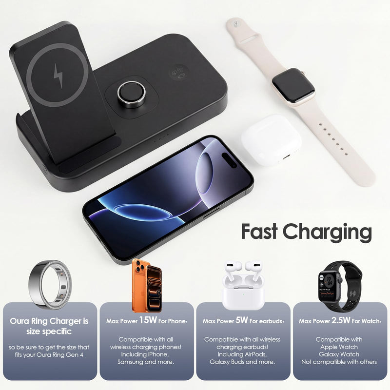 4 in 1 Charging Station for Oura Ring Gen 4 Charger, Fast Charger for iPhone17/16/15/14/13/12, Apple Watch, AirPods, Samsung Galaxy S25/S24/S23/S22/S21, Galaxy Watch Buds (Size 11) Size 11
