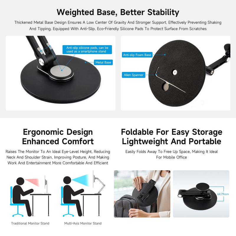 Waveshare Magnetic N52 Neodymium Magnet Portable Monitor Adjustable Stand, Compatible with 4~18.5inch Monitors, Supports Multi-axis Rotation, comes with Magnetic metal rings, Foldable For Easy Storage