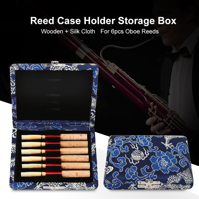 Bassoon Reeds Case,Wooden + Silk Cloth Cover Reed Case Holder Storage Box for 6pcs Oboe Reeds Strong Clarinet Reed Box (Blue)