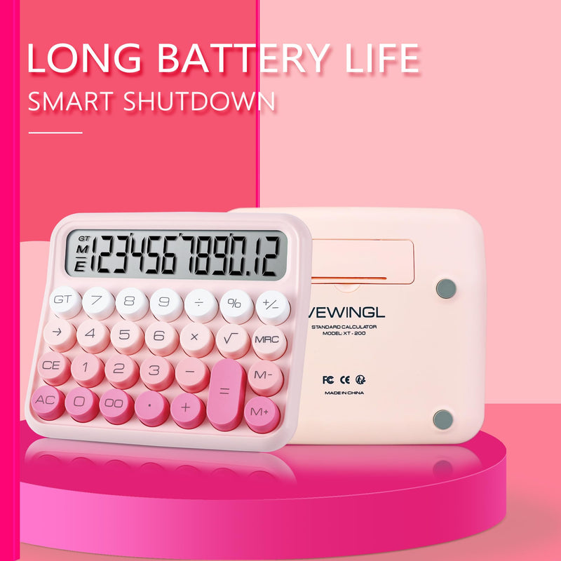 Mechanical Switch Calculator,Calculator Cute 12 Digit Large LCD Display and Buttons,Calculator with Large LCD Display Great for Everyday Life and Basic Office Work.with Battery Pink
