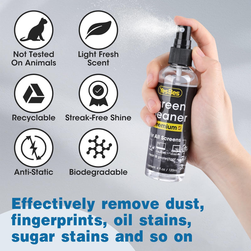 [AUSTRALIA] - Screen Cleaner Spray 16oz (4oz x 4 Pack) - TV Screen Cleaner Spray and 2 Microfiber Cloths, Computer Screen Cleaner & Car Screen Cleaner for TV, Monitor, Laptop, MacBook, iPad and Electronic Devices 