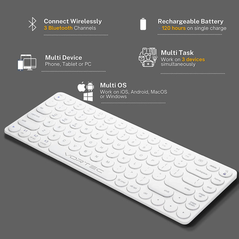 Bluetooth Keyboard for iPad, iPhone, Android, Apple, Windows – Streamlined, Compact Multi Device Keyboard – Ergonomic Bluetooth Wireless Keyboard for Mac, PC – Computer Keyboard Bluetooth by Vortec