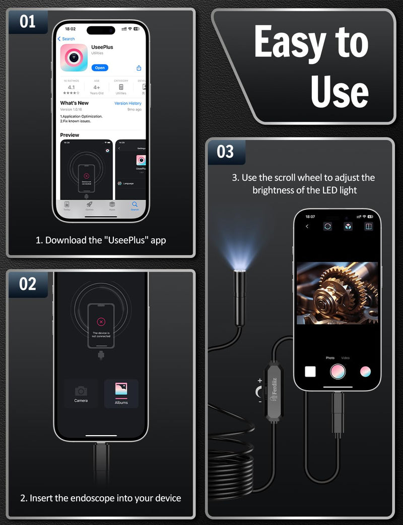 Endoscope Camera with Light, 1920P HD Borescope with 8 Adjustable LED Lights, Borescope with 16.4ft Semi-Rigid Snake Camera with Light, 7.9mm IP67 Waterproof Inspection Endoscope for iOS and Android AN112-16.4ft