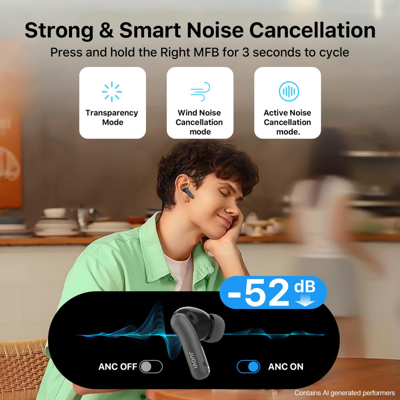 JUOVI Ture Wireless Earbuds Active Noise Cancelling Bluetooth Headphones | 55H Playtime 6-Mic ENC Clear Calls, Bluetooth 5.4 IPX5, 52dB Hybrid ANC in-Ear Earbuds for Phone Laptop etc Black ZT242