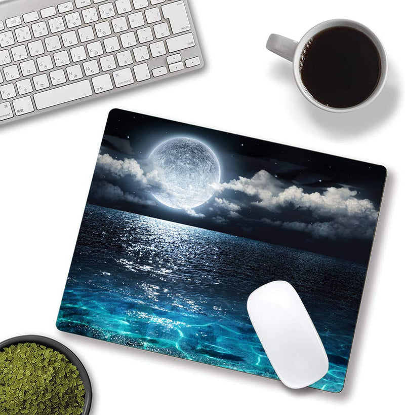Ocean and Moon Mouse Pad, Moon Illuminating The Clear Blue Ocean Design Mouse Pad, Mouse Mat Square Waterproof Mouse Pad Non-Slip Rubber Base MousePads for Computer Laptop Men Women Kids Ocean and Moon