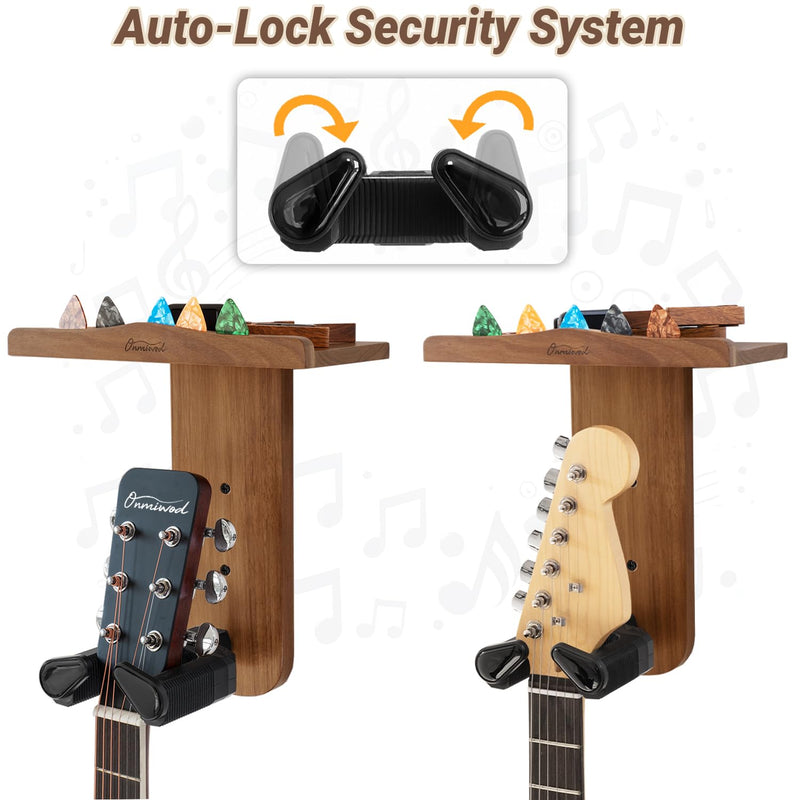 Guitar Wall Mount, Auto Lock Guitar Hanger, Wood Guitar Wall Hangers Shelf with Pick Holder, Guitar Holder Wall Mount for Acoustic, Electric Guitar, Ukulele, Bass, Mandolin Gift Acacia Wood