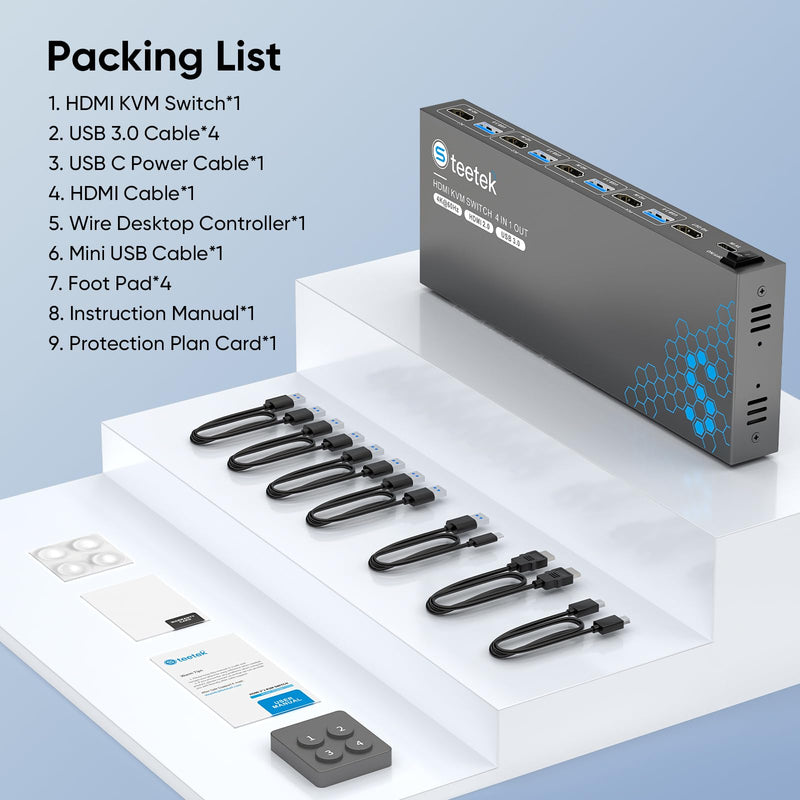 USB 3.0 HDMI KVM Switch 1 Monitors 4 Computers, 4K@60Hz KVM Switches for 4 Computers Sharing Monitor Keyboard Mouse Hard Drives Printer, with EDID Adaptive,1 HDMI Cable and 4 USB Cable
