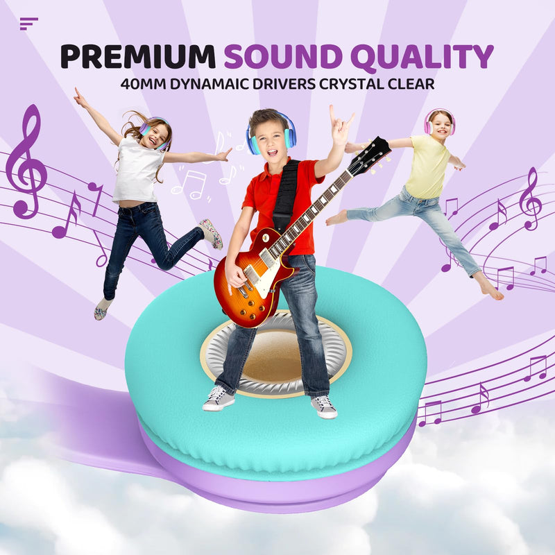 JoySpark Kids Bluetooth Headphones, Lightweight Kids Wireless Headphones for Kids, 85/94dB Volume Limited, 60 Hours Playtime, Bluetooth 5.3, Over-Ear Toddler Headphones with Built-in Mic-Purple Purple
