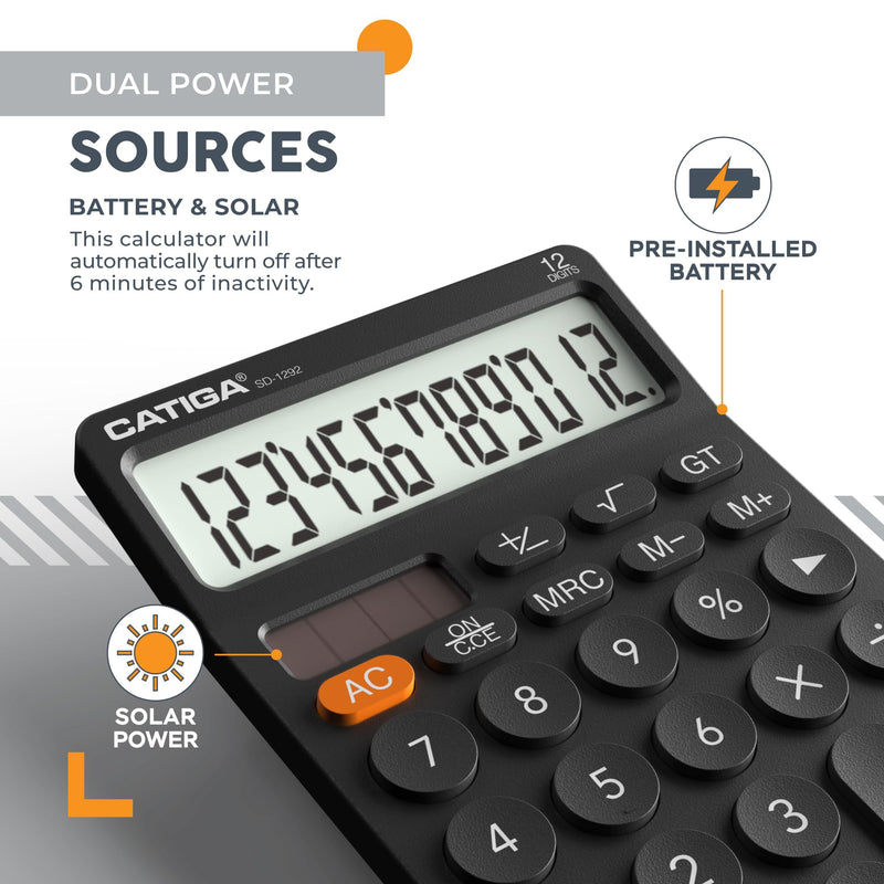 [AUSTRALIA] - CATIGA 12 Digit Desktop Calculator with Large LCD Display, 4 Funtions Calculator, Round Design Big Button, Solar and Battery Dual Power, Standard Function for Office, Home, School, SD-1292 1) Black 