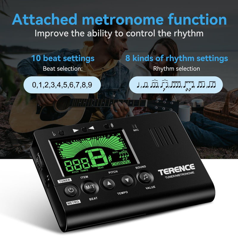 TERENCE Metronome Tuner, 3 in 1 Digital Metronome Tuner Tone Generator for Guitar, Bass, Ukulele, Chromatic, Clarinet, Trumpet and All Musical Instruments, with LCD Color Display, Volume Adjustable