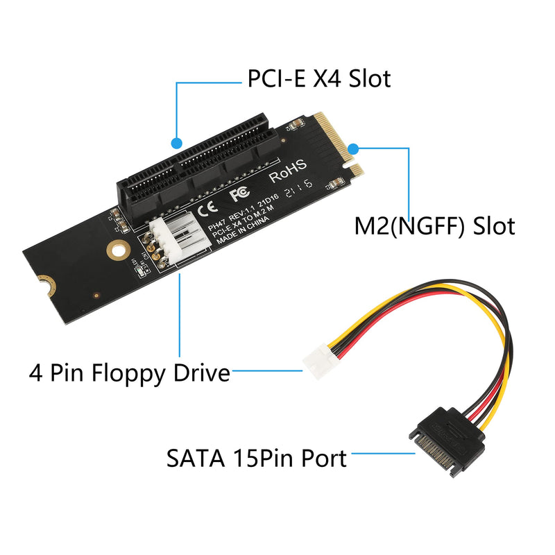GELRHONR NGFF M.2 to PCI-E 4X 1X Riser Card,M.2 Key M 2260 2280 SSD Port to PCIE Adapter with LED Indicator SATA 15pin Power Riser for Bitcoin Miner Mining-Black