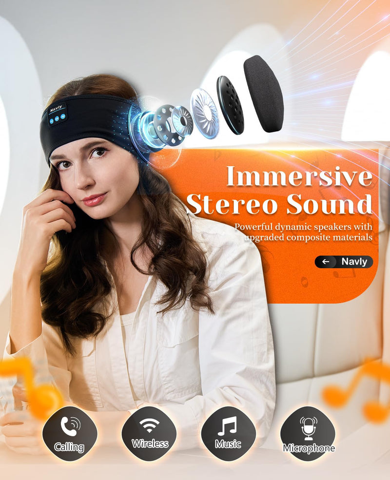 [AUSTRALIA] - Navly Sleep Headphones, 10Hrs Sports Headband with Soft Cozy Earbuds Comfortable, Headphones Headband with Ultra-Thin HD Stereo Speakers Perfect for Workout,Running,Yoga,Travel Dark Black 