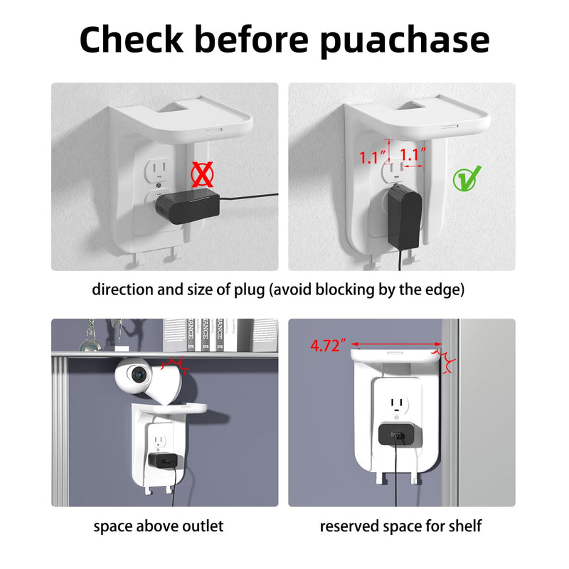 Suptek Wall Outlet Shelf, Home Wall Shelf Organizer for Outlets, Perfect for Bathroom, Kitchen, Bedrooms,Ideal for Cell Phone,Speaker up to 20lbs,With Cable Management and Detachable Hooks,White(S3W) 1 Pack