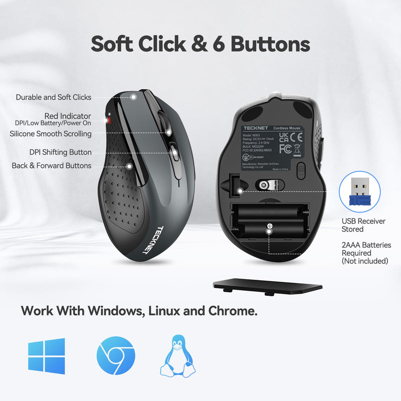 TECKNET Wireless Mouse, 2.4G Ergonomic Optical Mouse, Computer Mouse for Laptop, PC, Computer, Chromebook, Notebook, 6 Buttons, 24 Months Battery Life, 2600 DPI, 5 Adjustment Levels Grey