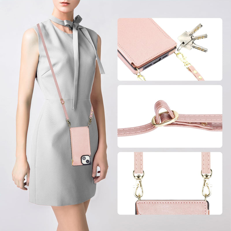 [AUSTRALIA] - Bocasal Crossbody Wallet Case for iPhone 15 with RFID Blocking Card Slot Holder, Magnetic Flip Folio Purse Case, PU Leather Zipper Handbag with Detachable Lanyard Strap 6.1 Inch 5G (Rose Gold) Rose Gold 