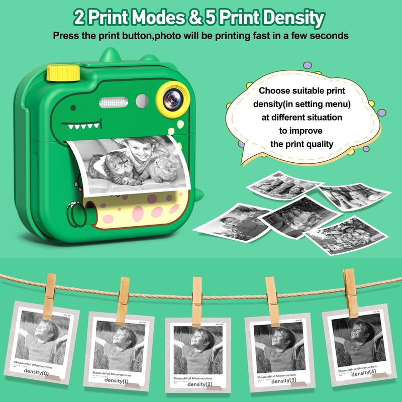 Kids Camera Instant Print,2.4 Inch Screen 12MP / 1080P HD Video Camera,3-12 Boys Girls Christmas Birthday Dinosaur Toys Gifts,Kids Instant Digital Camera Green