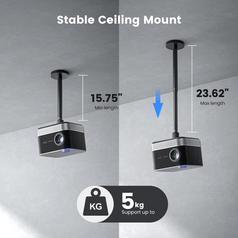 Projector Ceiling Mount with New Gimbal, 15.75" - 23.62" Adjustable Length, ¼-Inch Screw, Compatible with TMY, HAPPRUN, Yaber, Epson & Most Projectors, Ceiling/Wall Use with Adjustable Angle