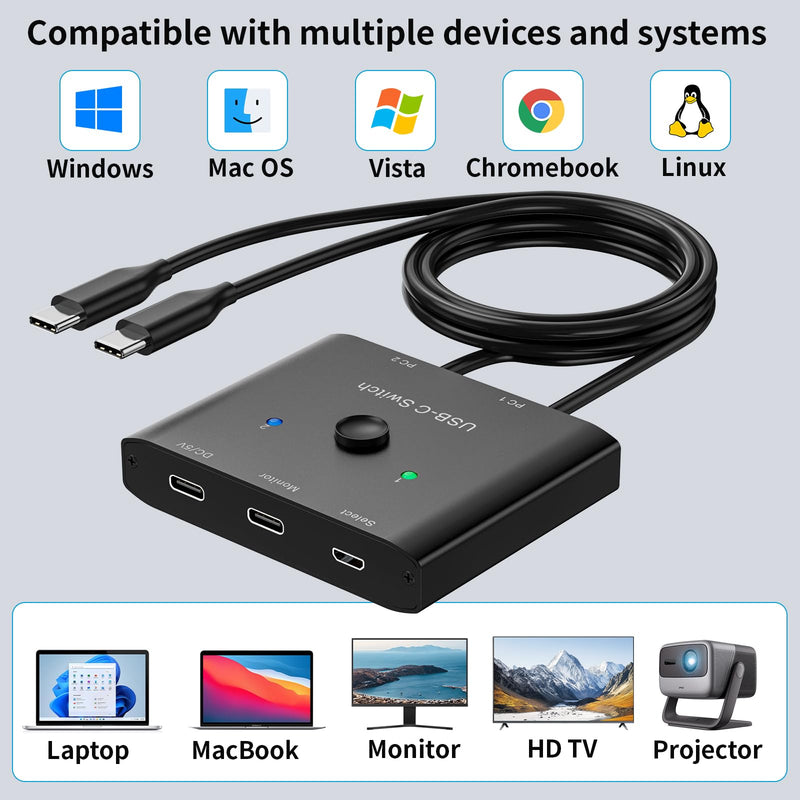 USB C Switch,Bi-Directional USB C Switcher 2 Computers,MLEEDA USB Type C KVM Switch 8K@60Hz 4K@120Hz Video/10Gbps Data Transfer/100W Charging,Compatible with Thunderbolt Device,USB-C Cables Included black 6 cm USB C Switch