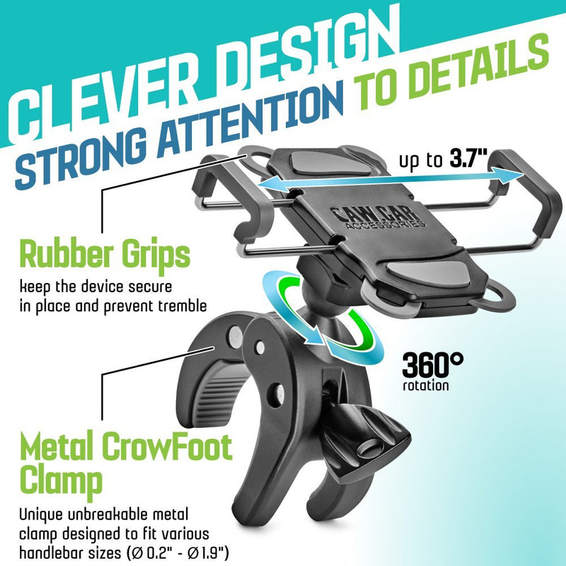 CAW.CAR Accessories Metal Bike & Motorcycle Phone Mount - The Only Unbreakable Handlebar Holder for iPhone, Samsung or Any Other Smartphone. +100 to Safeness & Comfort Heavy-Duty Metal Mount