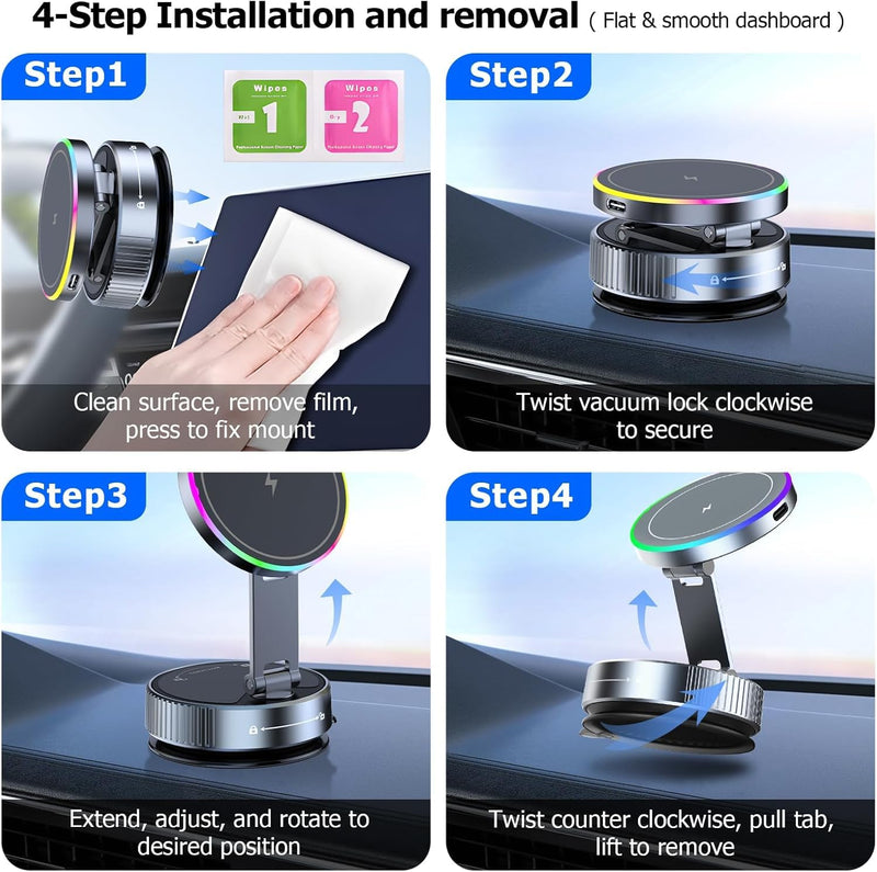 2026 Upgraded MagSafe Car Mount Charger 15W Fast Wireless Charging, 360° Adjustable Vacuum Magnetic Suction Phone Holders for iPhone 17-12 & Android